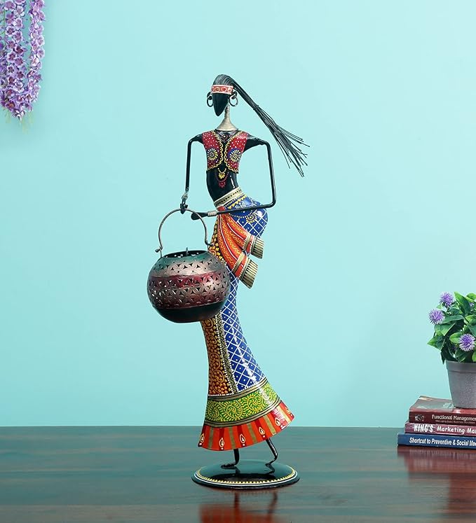Decorative Lady Iron Human Figurine with Pot